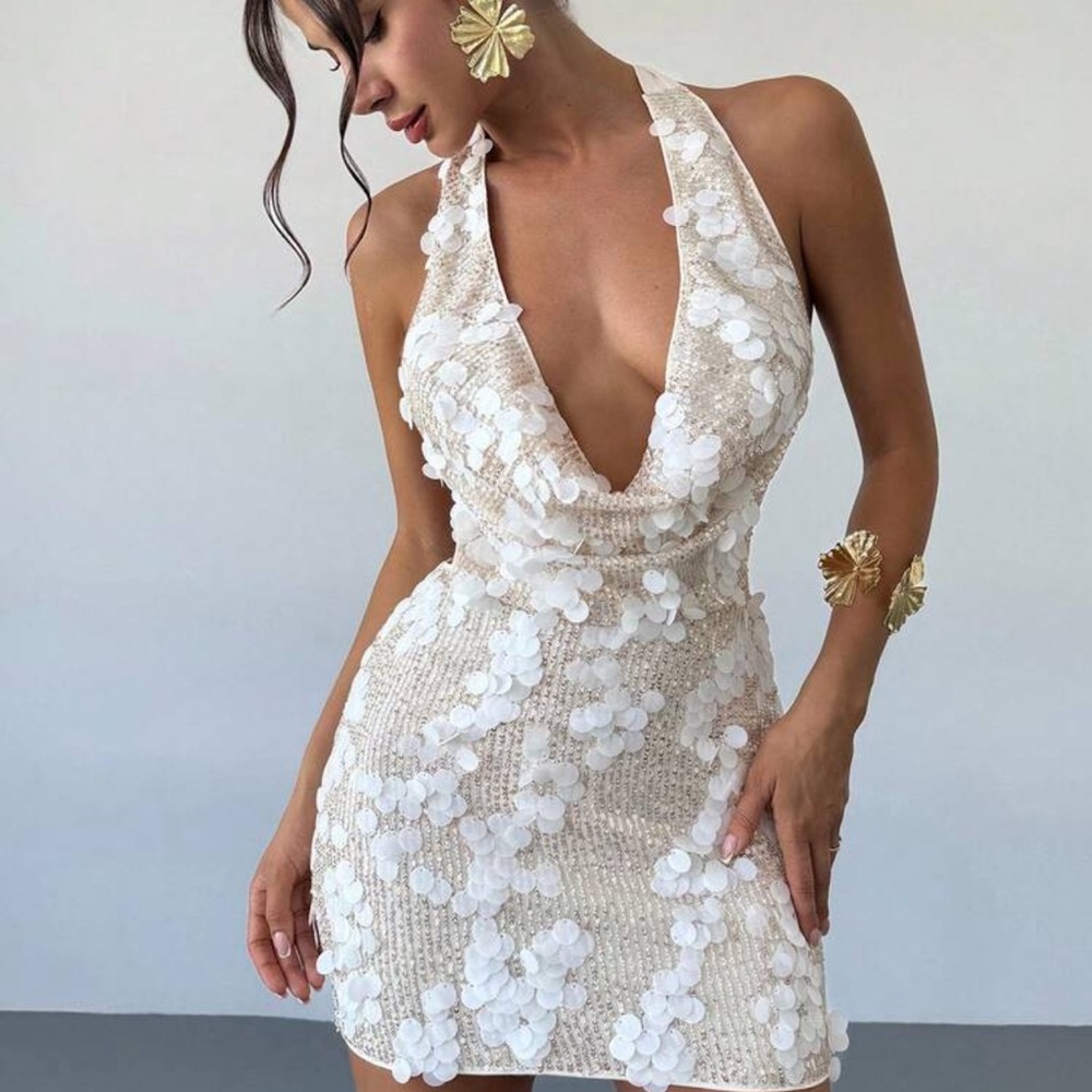 SHEIN Cream Sequin Halter Mini Dress - Picture 2 of 2